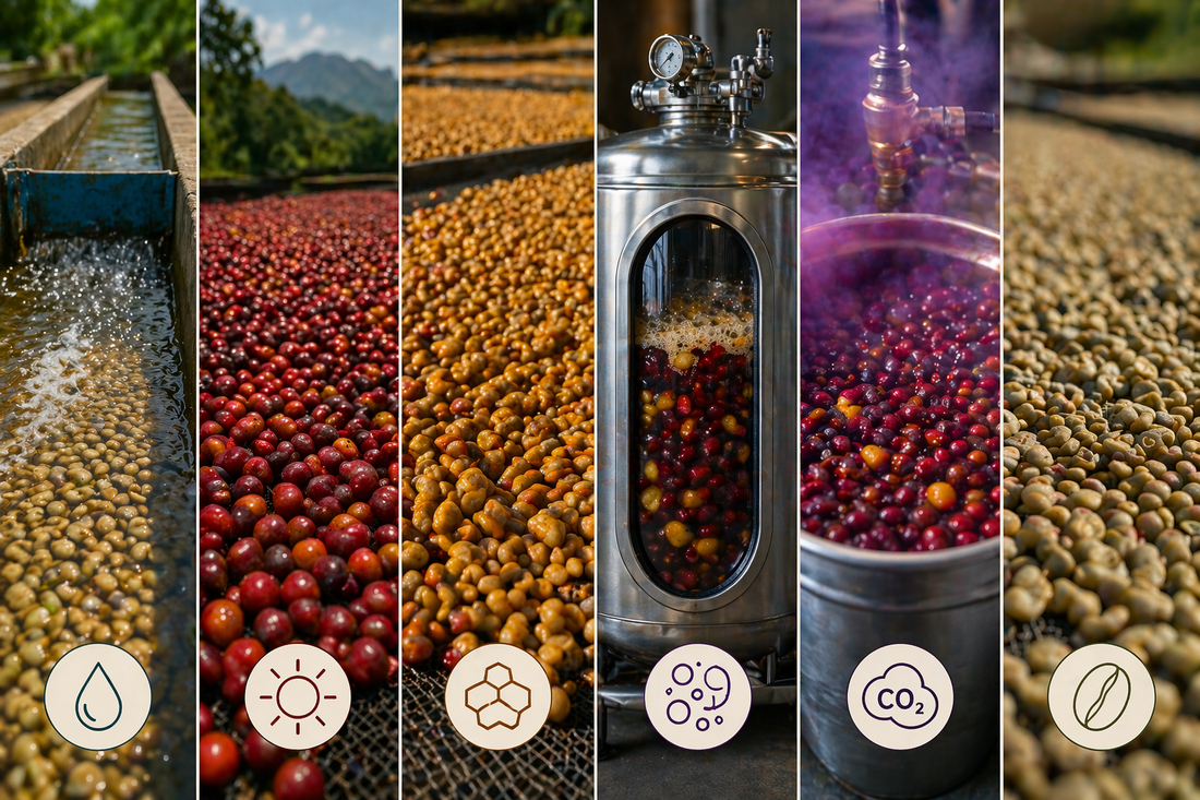 Thumbnail of a collage of different type of coffee processing, ranging from washed till carbonic masceration