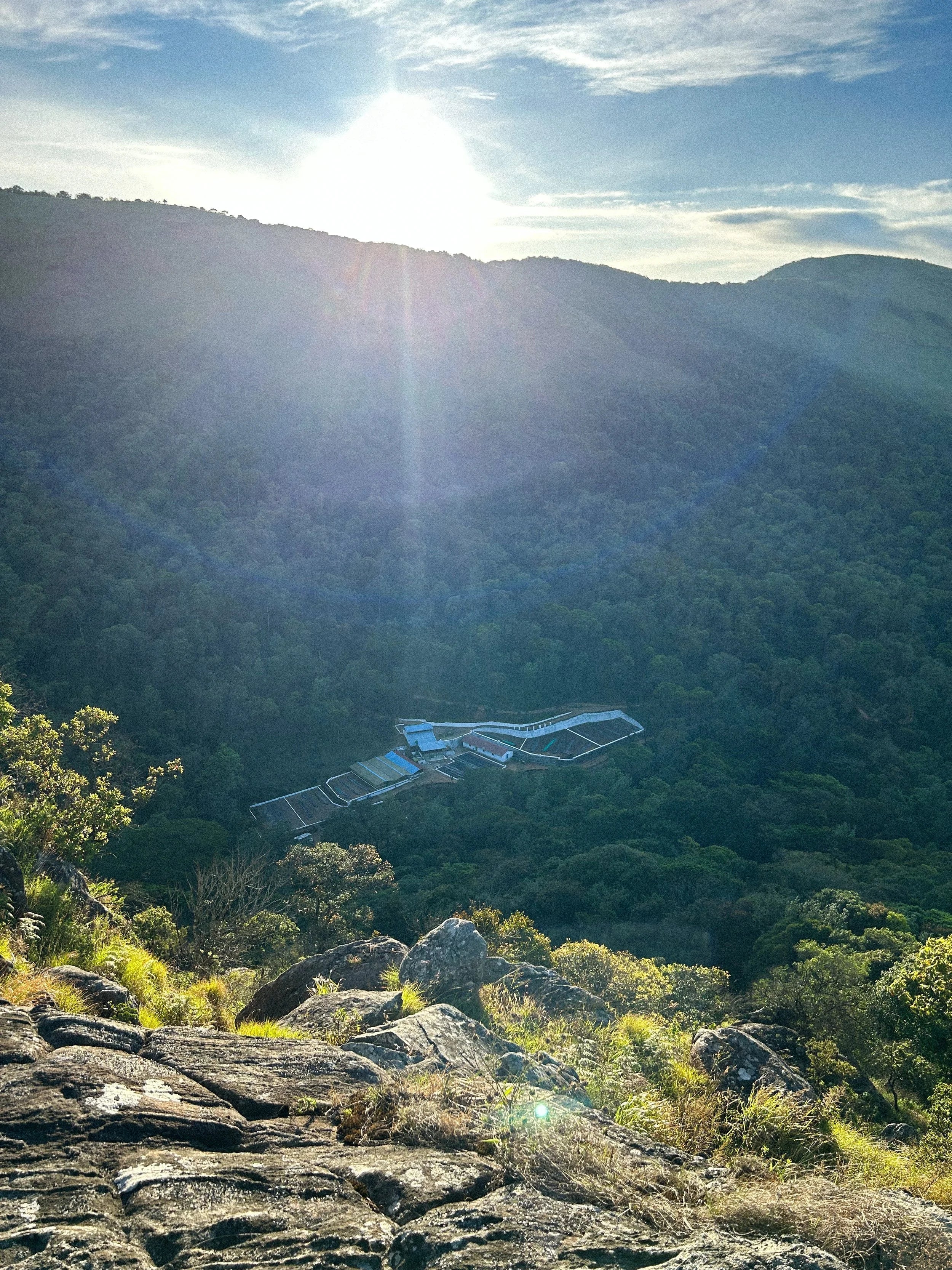 Sunrise view over Attikan Estate hills – Early morning sunlight rising above forested mountain ridges, with rocky foreground and a coffee processing station nestled deep in the valley below.